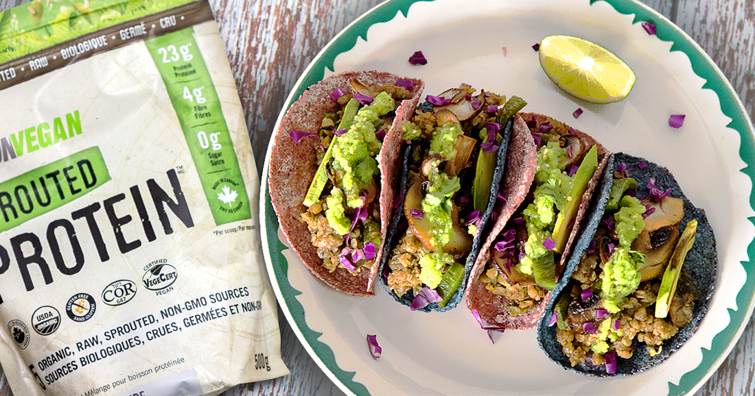 sprouted protein powder pack and tacos