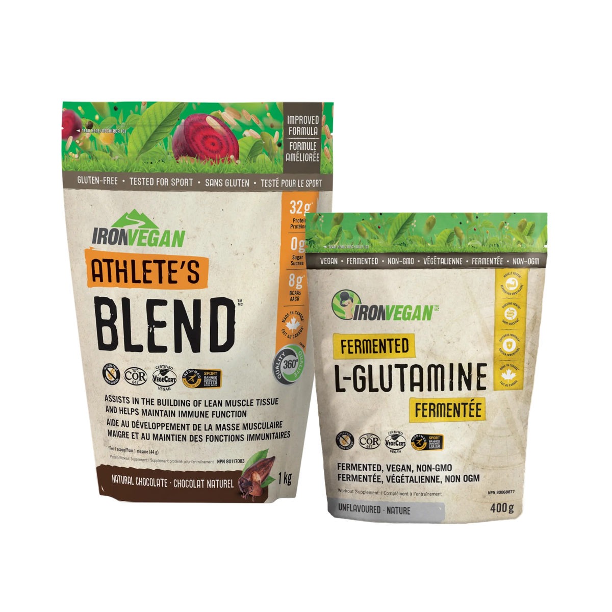 Two IronVegan supplement packages on a white background