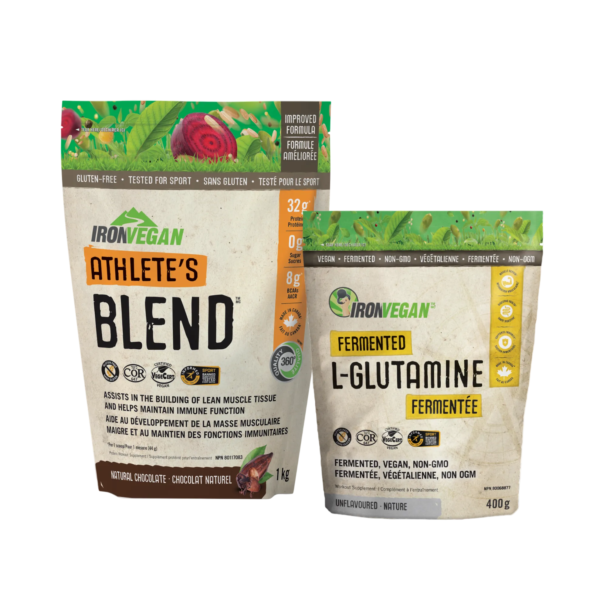 Two IronVegan supplement packages on a white background